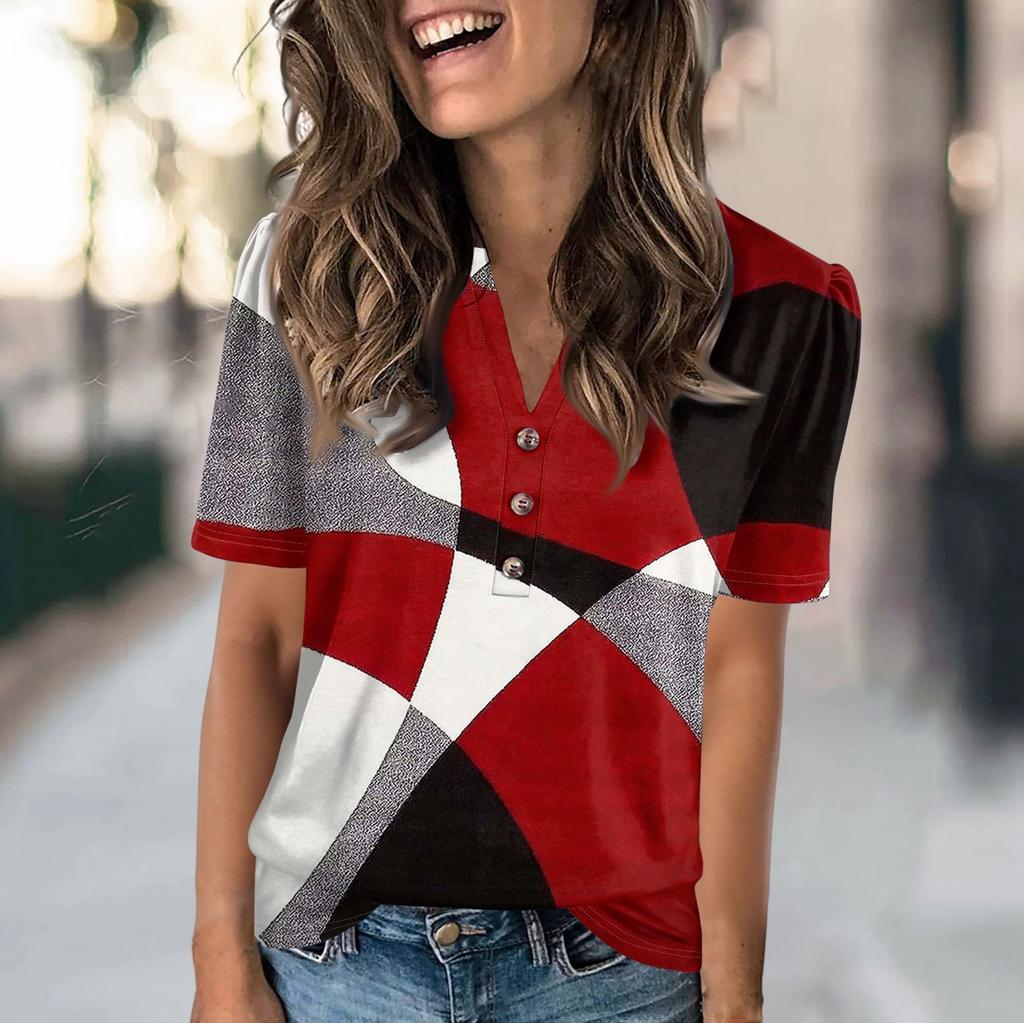 Женская модная повседневная футболка с цветными блоками и принтом в виде V-образного выреза с коротким рукавом и пуговицами