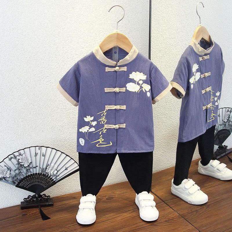 Летний костюм ханбок для мальчиков в стиле «цветение сливы», ретро-детский костюм в стиле Тан, летний костюм для мальчиков и детей в старинном стиле, из хлопка и льна, тонкая секция из пеньки в китайском стиле