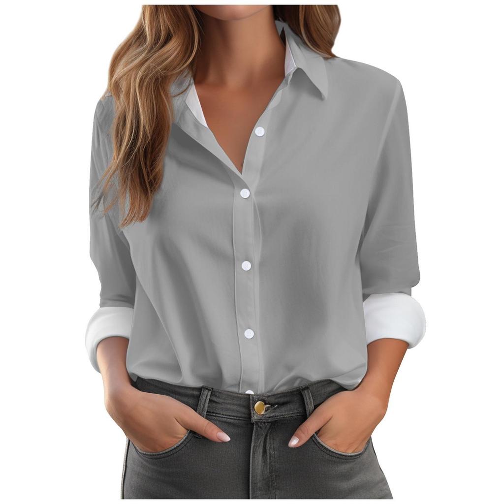 Women's Loose Fashion Shirts Solid Color Band Collar Long Sleeve Shirts Slim Tops