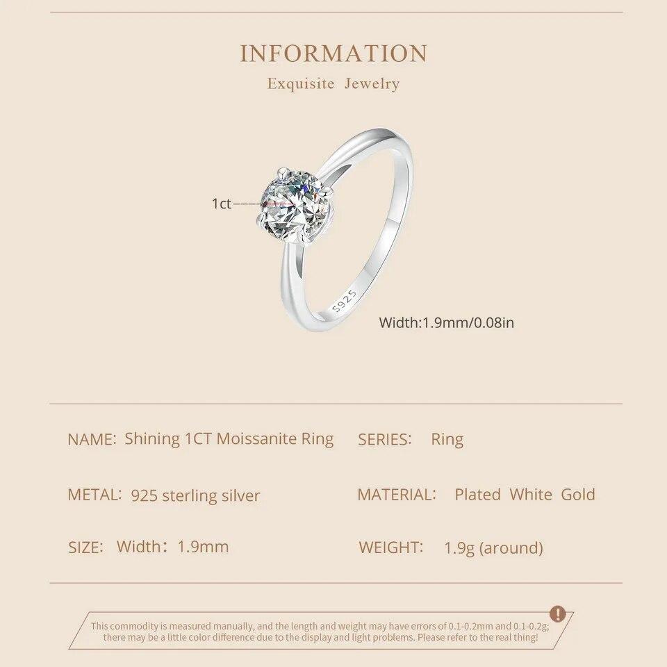Bamoer 1.0CT Moissanite Ring D Color VVS1 EX Lab Diamond Wedding Ring for Women Engagement 925 Sterling Silver Fine Jewelry Gift