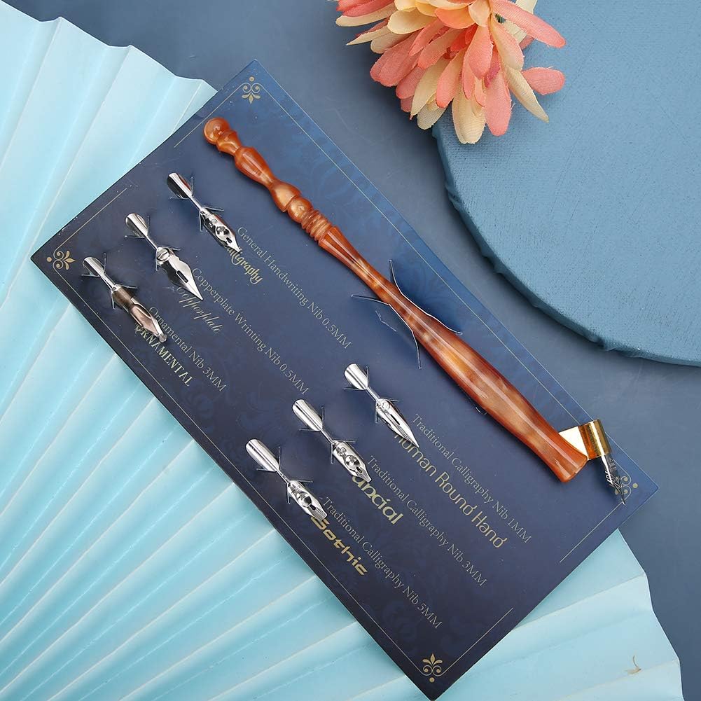 Calligraphy Oblique Nib Pen Point Holder, English Calligraphy Pen Nib Holder Antique Copperplate Script Handed Dip Pen + 6 Flat Nibs(1)