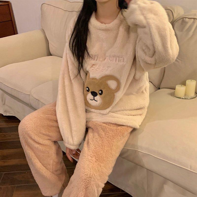 Maiden Flannel Pajamas Female Autumn Winter New Style Sweet Cardigan Can Be Worn Outside Coral Fleece Loungewear Set Pajamas
