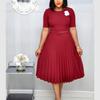 Plus Size Women's Solid Color Round Neck High Waist Short Sleeve Pleated Dress