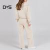 2 Pcs/Set Fall Winter Coat Trouser Suit Lapel Solid Color Thick Loose Solid Color Zipper Decor Long Sleeve Wide Leg Drawstring Elastic Waist Lady