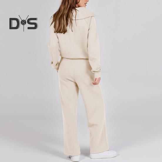 2 Pcs/Set Fall Winter Coat Trouser Suit Lapel Solid Color Thick Loose Solid Color Zipper Decor Long Sleeve Wide Leg Drawstring Elastic Waist Lady