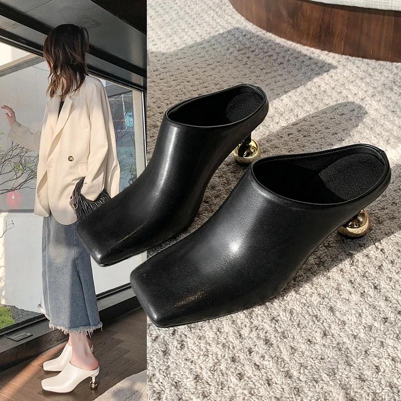 Women's Slippers Square Toe Special-shaped Heel Women's Mules 2025 Spring Sling-Heel Formal Pumps Outdoor Zapatillas De Mujer