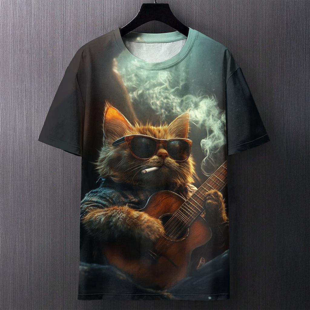 Fun Cat Pattern Printed T-shirt Summer Casual Loose Round Neck Short Sleeved Men's T-shirts