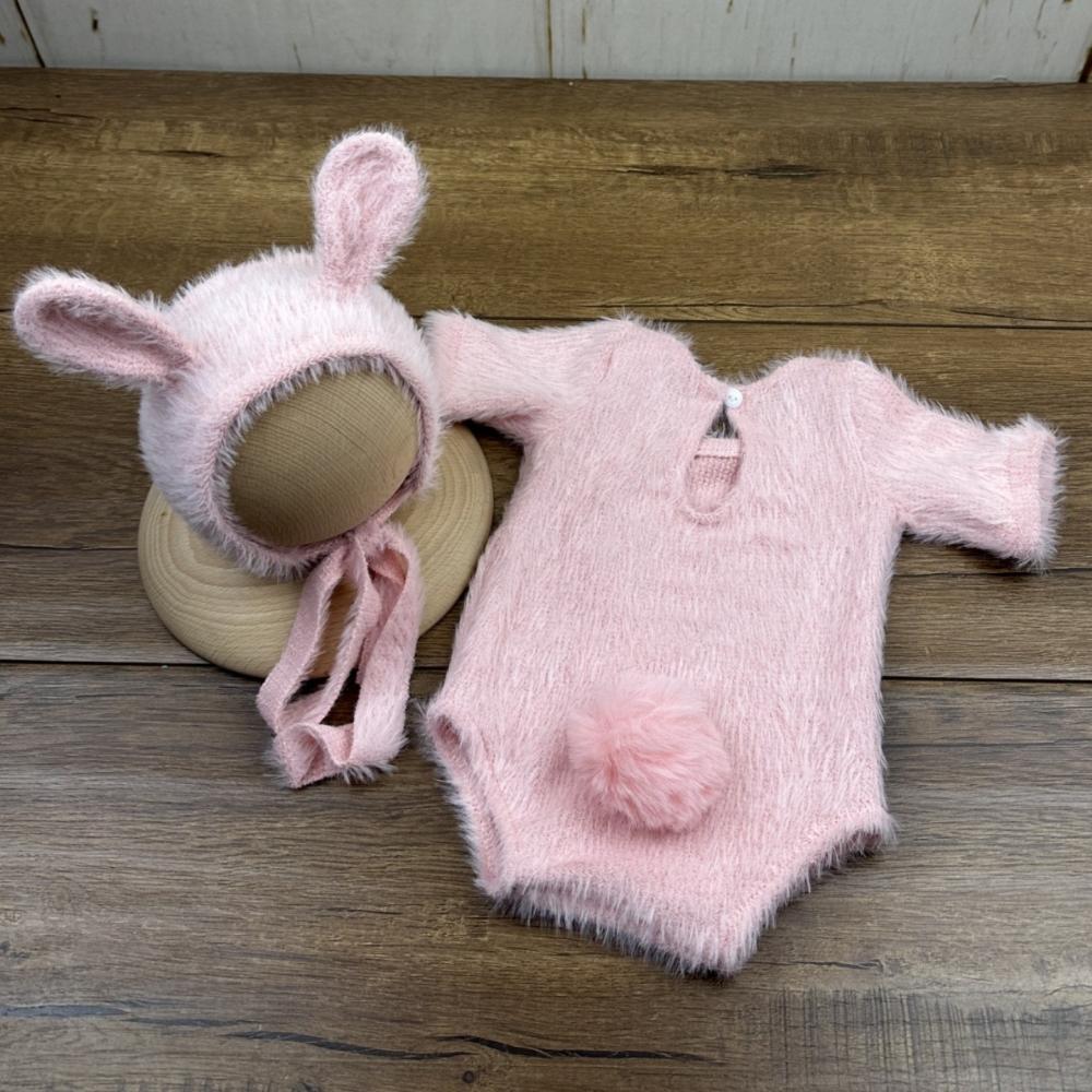 Soft Knitted Newborn Photography Props Adorable Rabbit Doll Prop Knitted Baby Outfit for Newborn