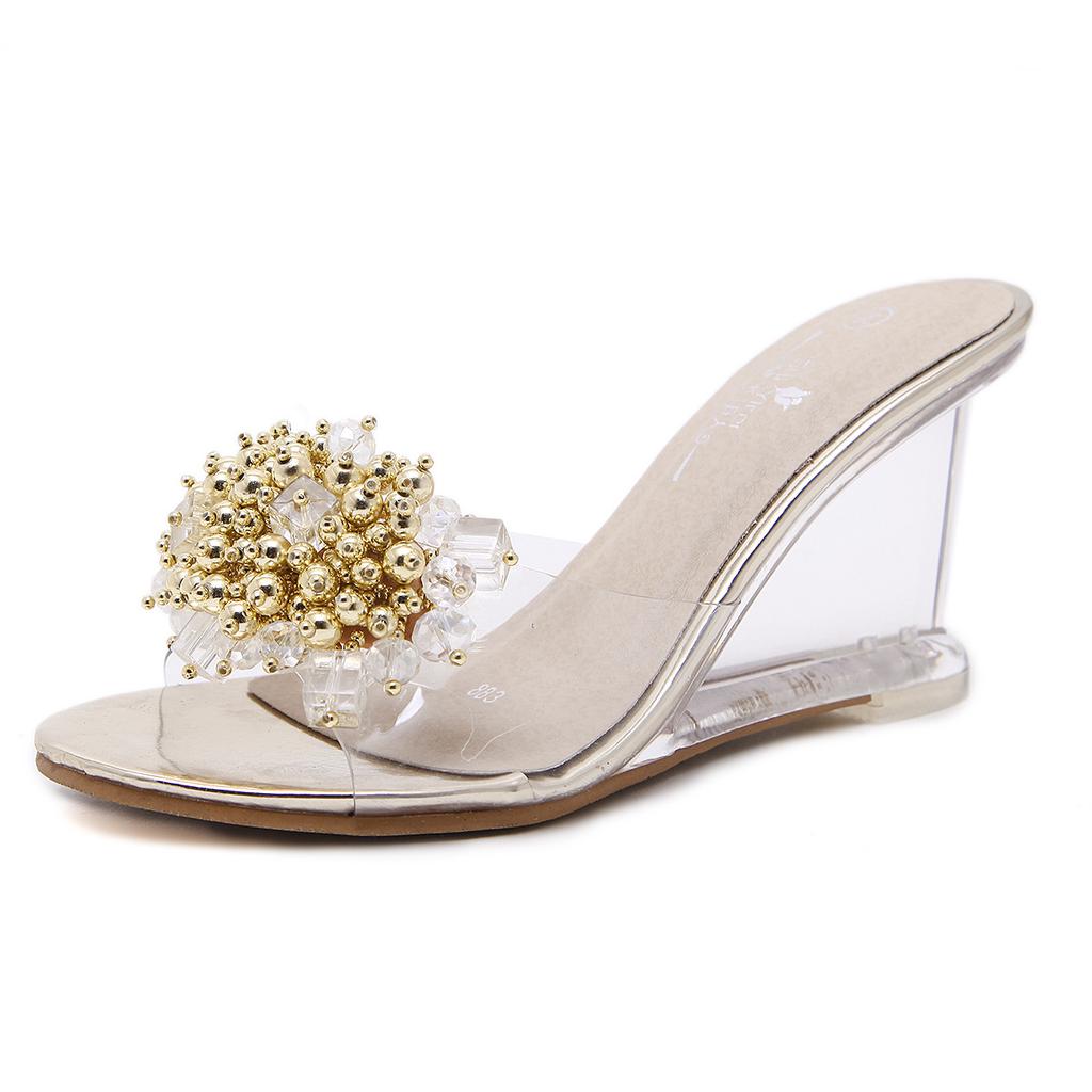 Women Slippers Sandals 8Cm Wedge High Heels Transparent Crystal Rhinestone Slippers