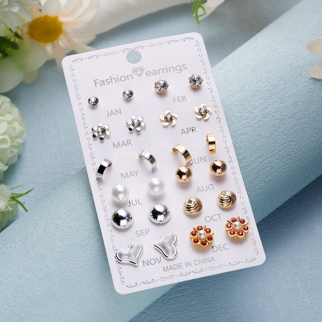 12 Pairs Earrings Set Stud Crystal Pearl Butterfly Flower Heart Women Jewelry