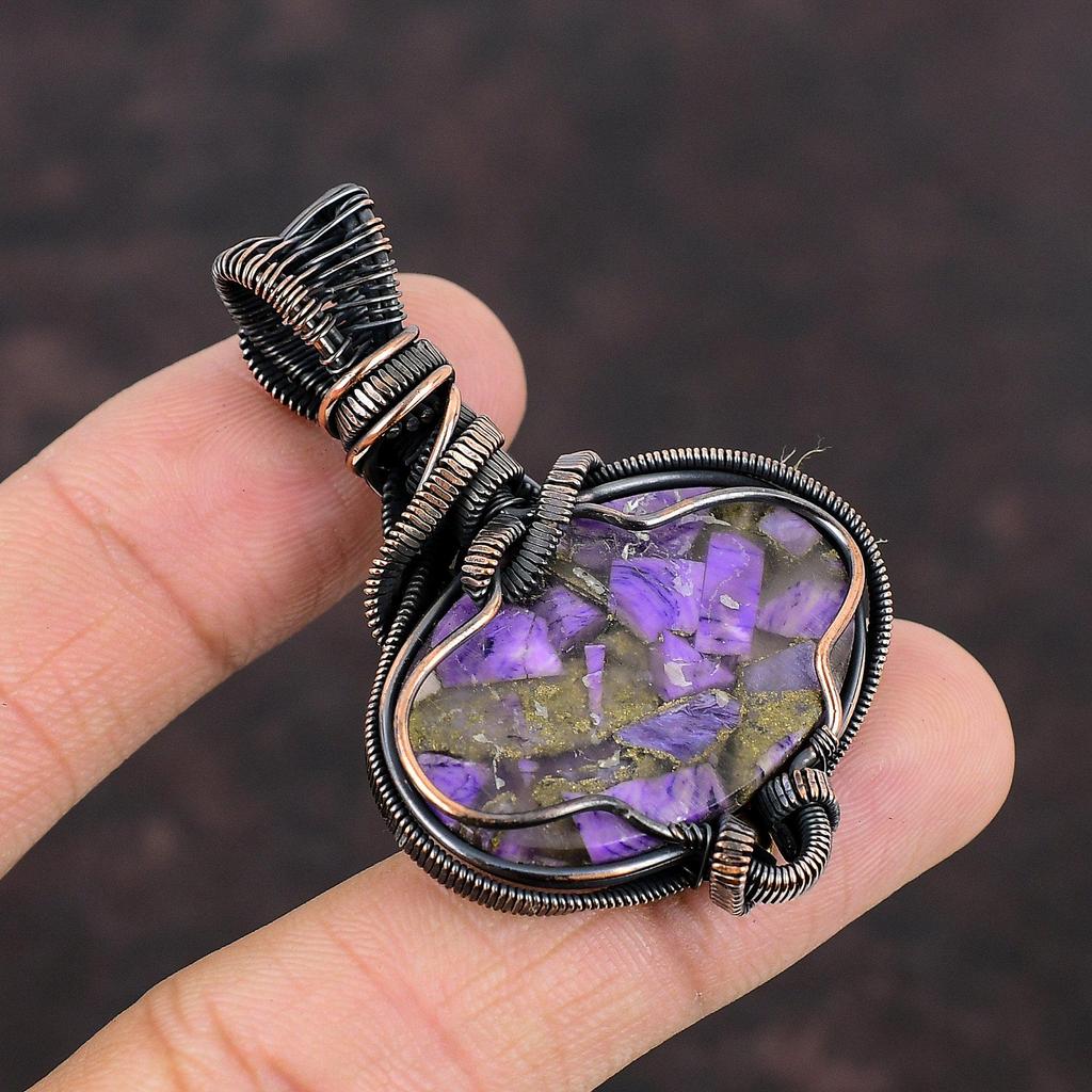 Медный кулон с чароитом, медная проволока, кулон, ювелирные изделия из драгоценных камней, кулон ручной работы, кулон из лазурита, красивые медные украшения для подарка