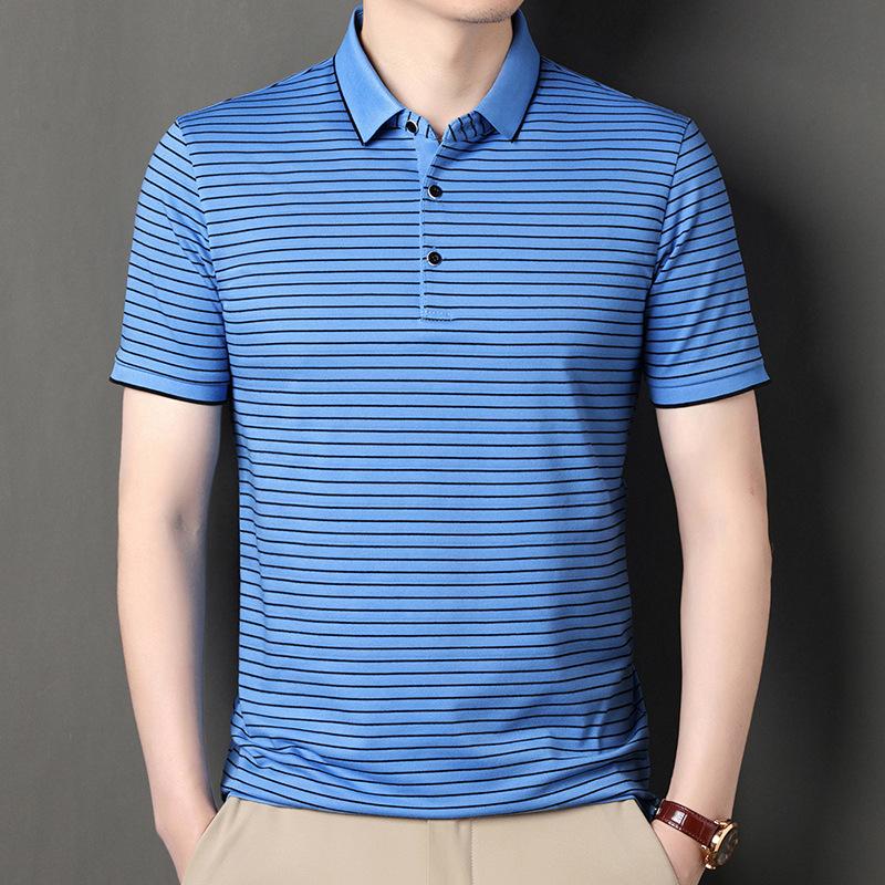 Мужская полосатая рубашка поло с коротким рукавом, деловая повседневная футболка среднего размера с синими лацканами и коротким рукавом