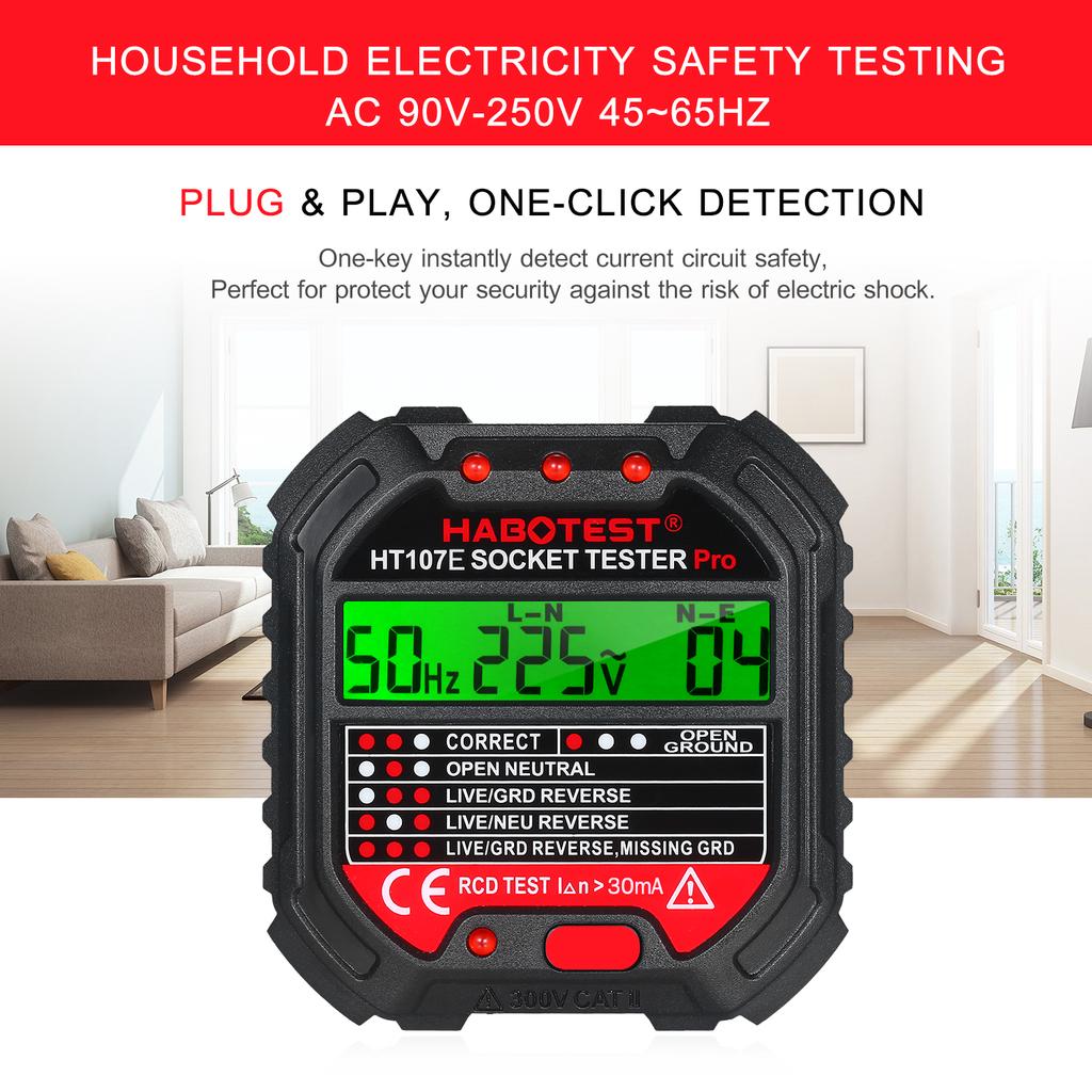 Тестер розеток HABOTEST GFCI с дисплеем напряжения 90-250 В, тестер розеток, автоматическая электрическая цепь