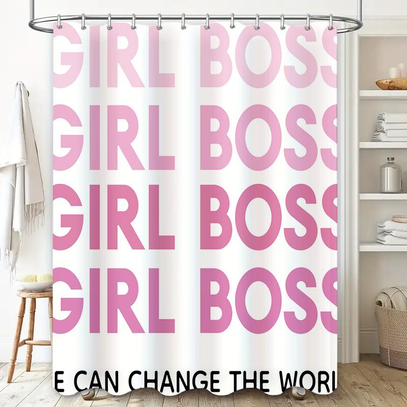 Chic Girl Boss Shower Curtain Set For Bath Decor Gradient Pink Typography Design Durable Fabric Material With Hooks Included