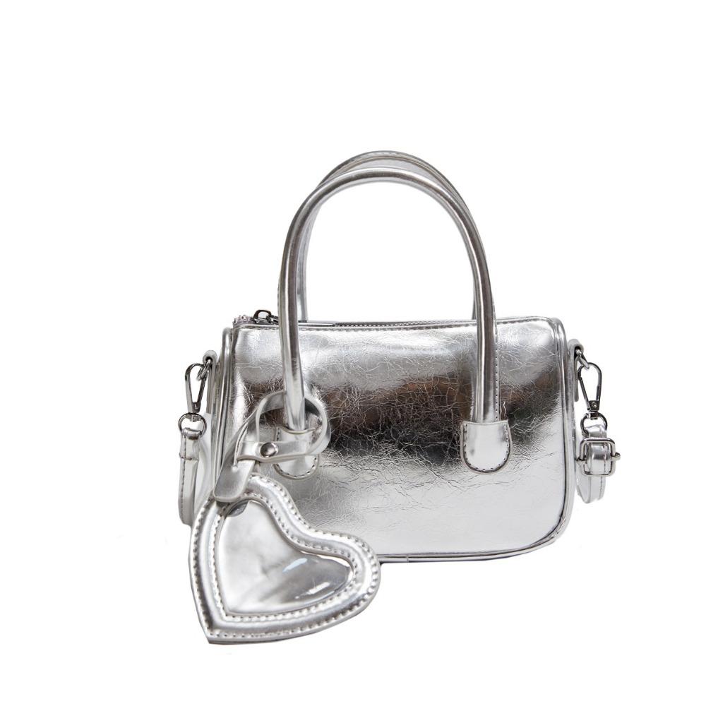 With Love Pendant Silver Handbag Leather Saddle Bag Elegant PU Bowling Bag Girls/Female