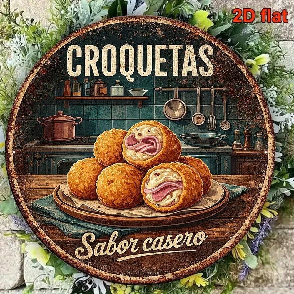 1 шт. Винтажная жестяная табличка Croquetas 8x8 дюймов Круглая металлическая табличка Испанская кухня Настенное искусство Декор для кухни и бара