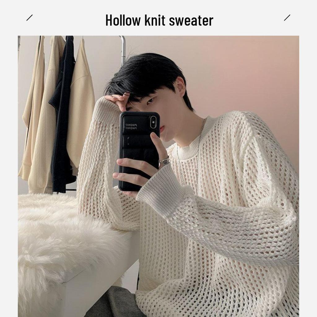 Men's Summer Thin Grid T-Shirt: Trendy Hong Kong Style, Hollow Knit, Long Sleeve, Round Neck Cover-Up