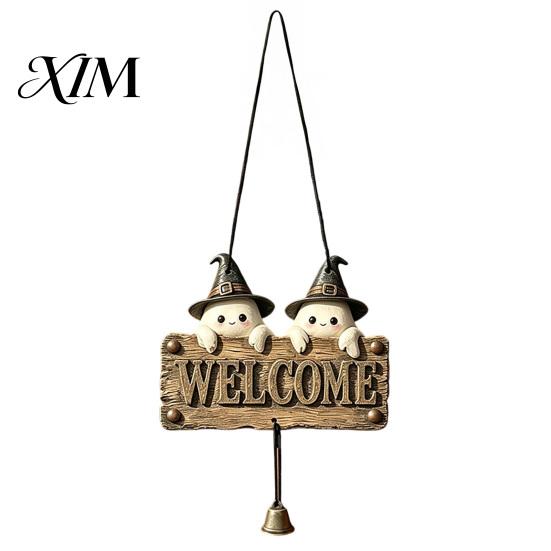Rustic Holiday Door Sign Halloween Wooden Welcome Hanging Sign, Vintage Farmhouse Hanger with Skeleton Pumpkin Seasonal Window Ornament Ghost,
