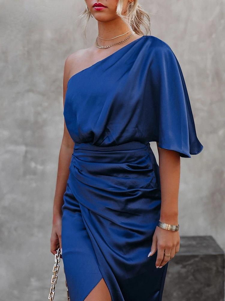 Сексуальное вечернее атласное шелковое платье для женщин с коротким рукавом на одно плечо, длинные бандажные платья с высоким разрезом, летние платья