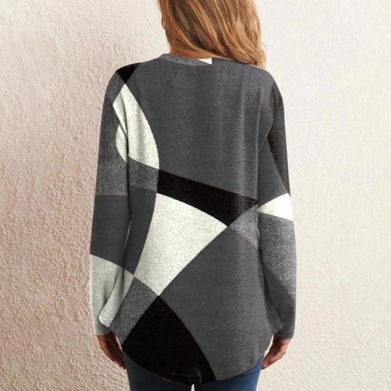 Women Tops Round Neck Long Sleeve Contrast Color Geometric Print Loose Fit Tee Shirt Casual Pullover Tops