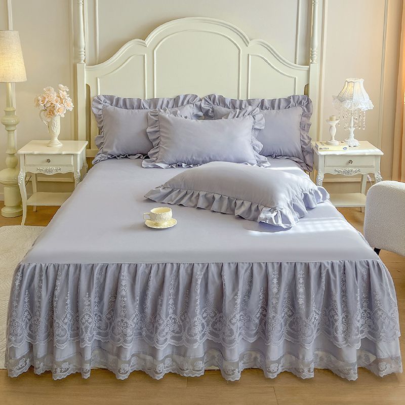 Комплект из 3 предметов однотонной двухслойной кружевной вышитой юбки для кровати с 1 шт. юбки для кровати + 2 шт. наволочек, легко снимаемый чехол-протектор для матраса