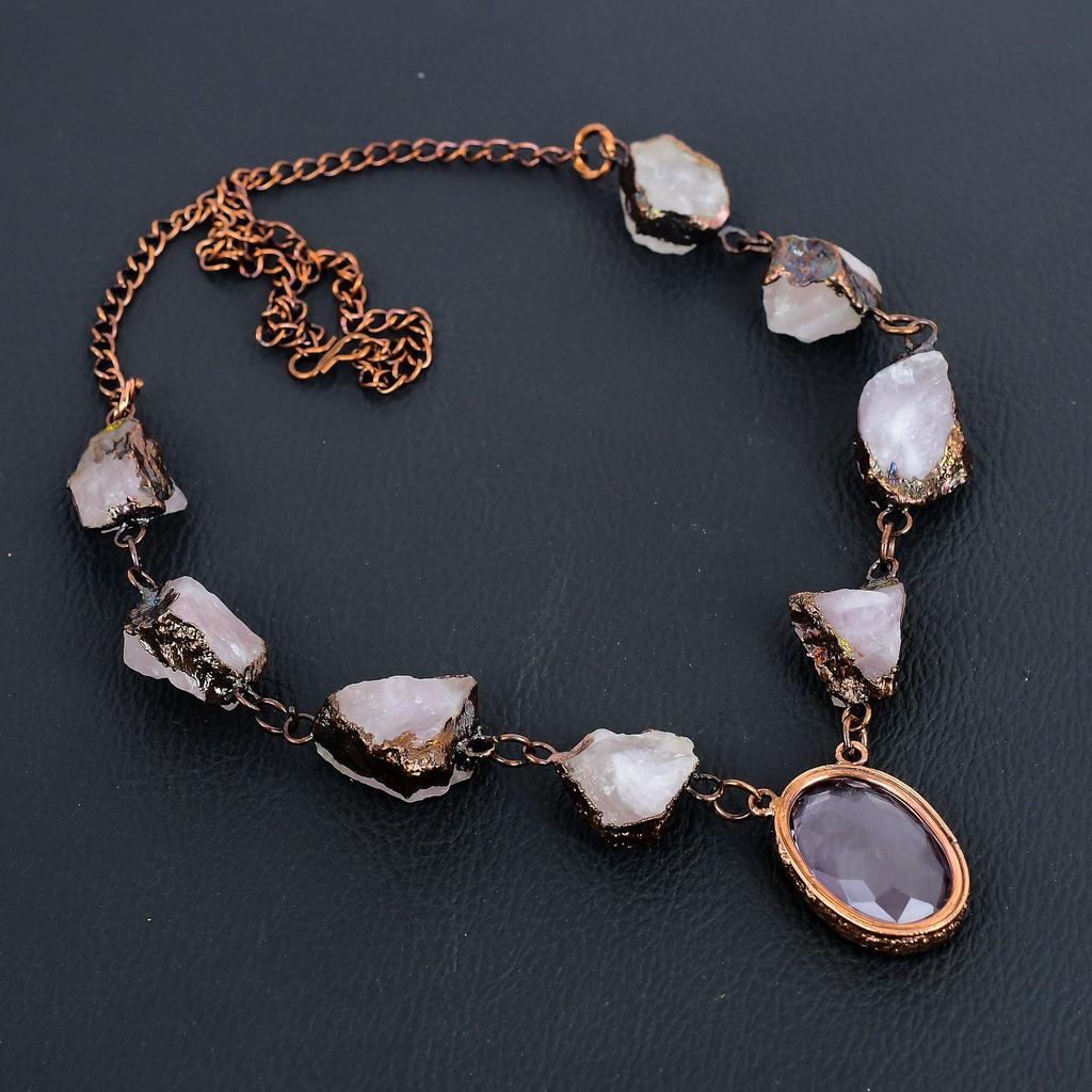 Ожерелье из розового кварца, ювелирное изделие из драгоценного камня, медное гальванопластическое ожерелье с регулируемой цепочкой, подарок для женщин, ожерелье ручной работы