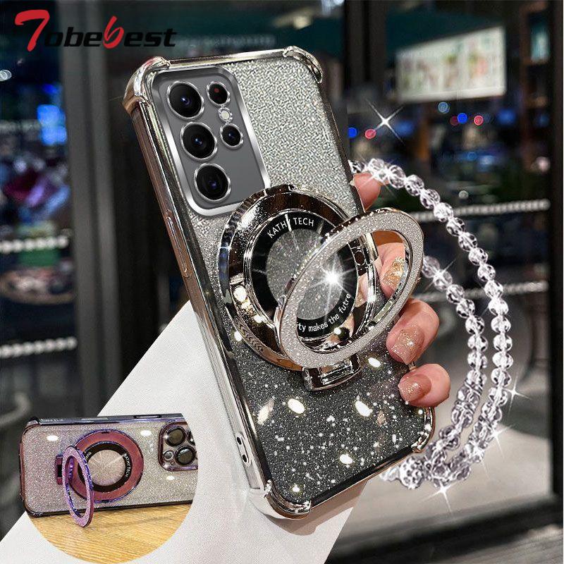 Противоударный чехол-подставка для телефона с кристальным браслетом с блестящим покрытием для Samsung Galaxy S25 S24 S23 S22 S21 S20 Ultra Plus FE