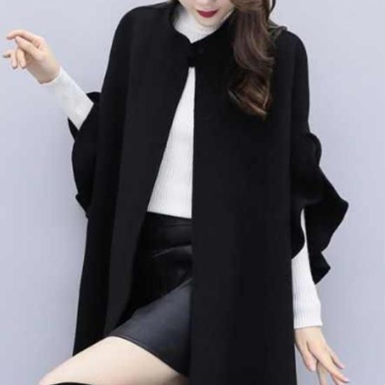 Женское зимнее пальто с рукавами-лепестками, воротником-стойкой, накидкой-трапецией, кардиганом средней длины с открытыми стежкам, шерстяным пальто для улицы, пончо