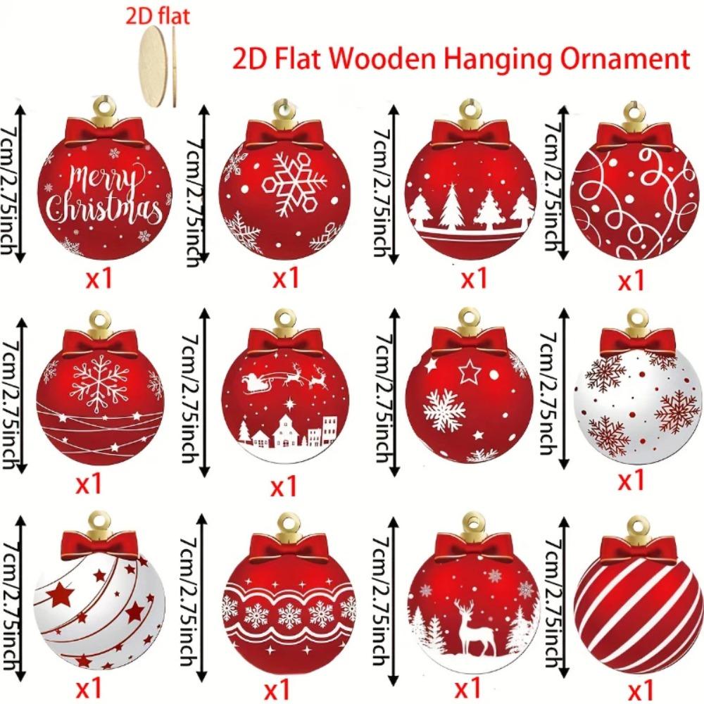 12PCS Wooden Christmas Ball Ornaments Red White Elk Snowflake Xmas Tree Decor Holiday Winter Party Hanging