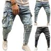 Mens Ripped Destroyed Jeans Male Frayed Denim Pants Big Pocket Skinny Leg Slim Fit Trousers