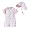 Boys Girls Short Sleeve Swimwear Casual Plaid Print Zipper Rash Guard Swimsuit and Hat Beachwear Bathing Suit