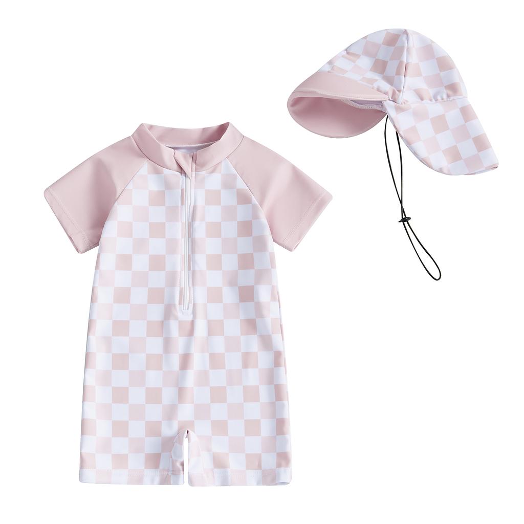 Boys Girls Short Sleeve Swimwear Casual Plaid Print Zipper Rash Guard Swimsuit and Hat Beachwear Bathing Suit