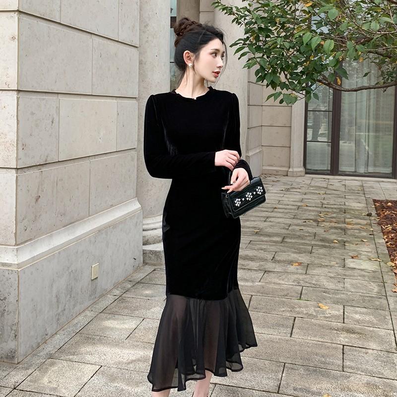 Платье с высоким темпераментом женская одежда осень новая черная юбка осеннее маленькое черное платье платье для ранней осени