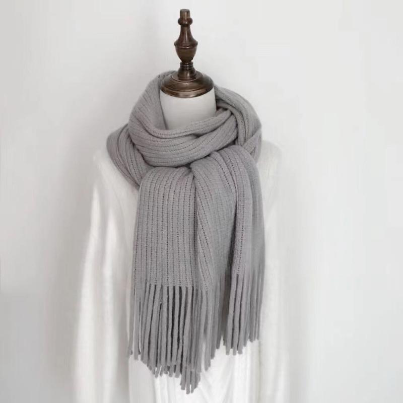Winter Long Scarf Women's Simple Fringed Shawl with Imitation Cashmere Windproof Warm Solid Color Scarf