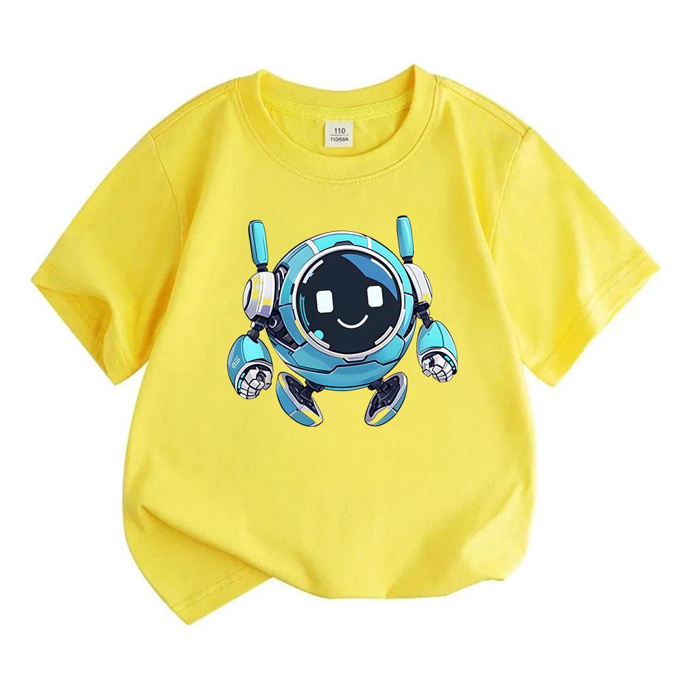 Kids Boys Girls Crew Neck Short Sleeve 100% Cotton T-Shirt Cute Smiling Round Robot Print Casual Soft Breathable Tee for Children Daily Wear