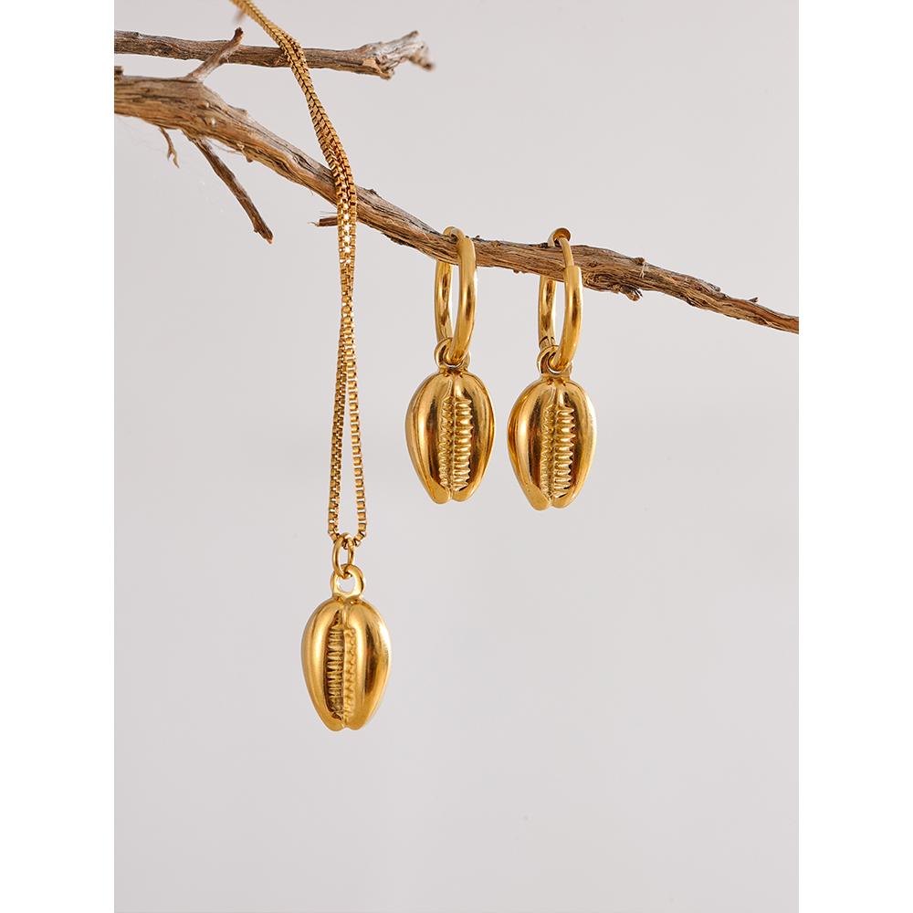 Yhpup Stainless Steel 18k Gold Color Metal Shell Hoop Earrings Necklace Fashion Jewelry Set Women Waterproof Allergy Prevention