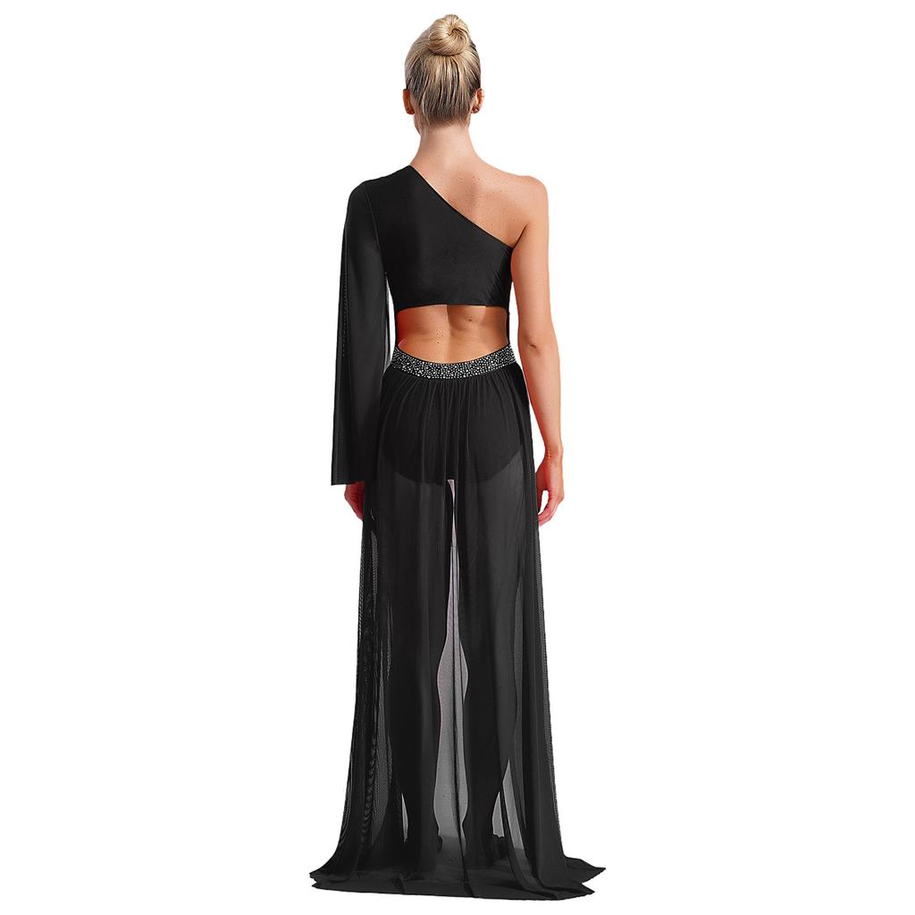 Women's One Shoulder Lyrical Dance Dress Sheer Mesh Flared Sleeve with Shiny Rhinestones Flowy Split