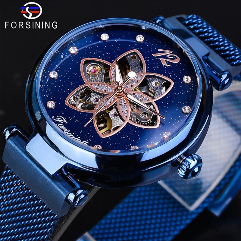 Forsining Ladies Fashion Casual Hollow Mechanical Mesh Belt Automatic Mechanical Watch