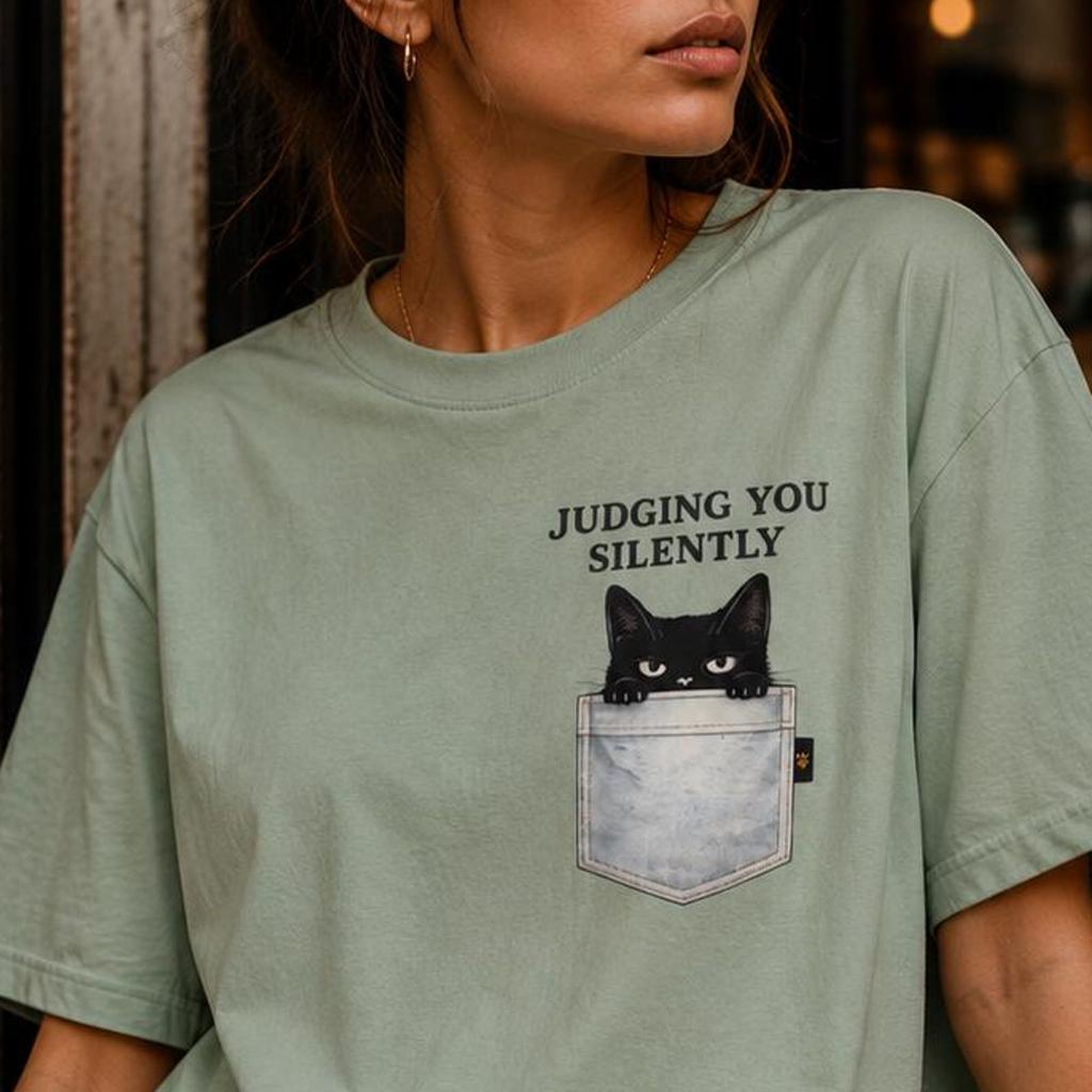 Judging You Silently Cat Shirt, Funny Black Cat Tee, Pocket Cat T-Shirt, Sarcastic Cat Lover Gift, Introvert Tee