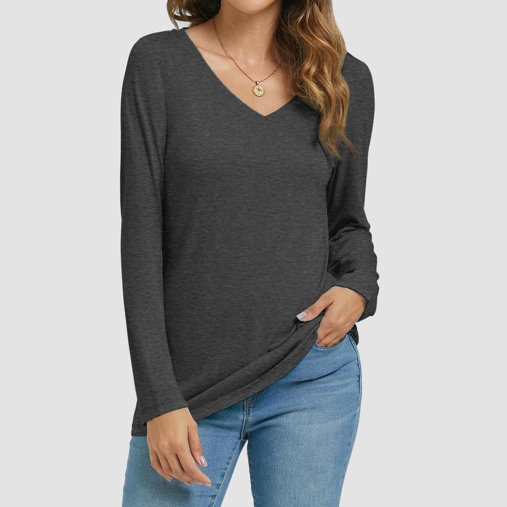 Womens Long Sleeve V Neck Shirts Basic Tee Casual Top Fall Trendy Tunic Outfits Fitted T Shirts