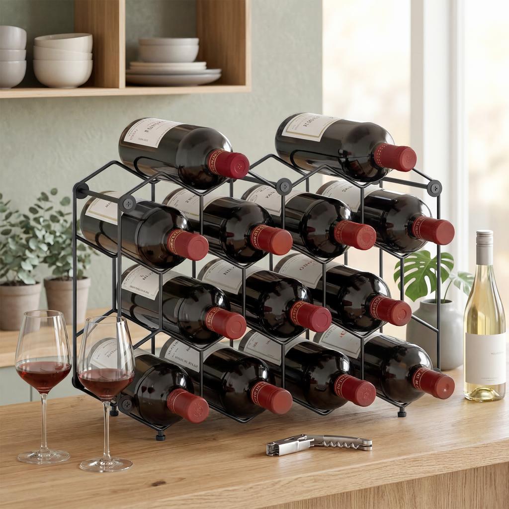 Wine Rack for 13 Bottles Bottle Rack with Honeycomb Design Adjustable Feet Anti-Tip Protection Metal 43 x 15.5 x 31 cm Black