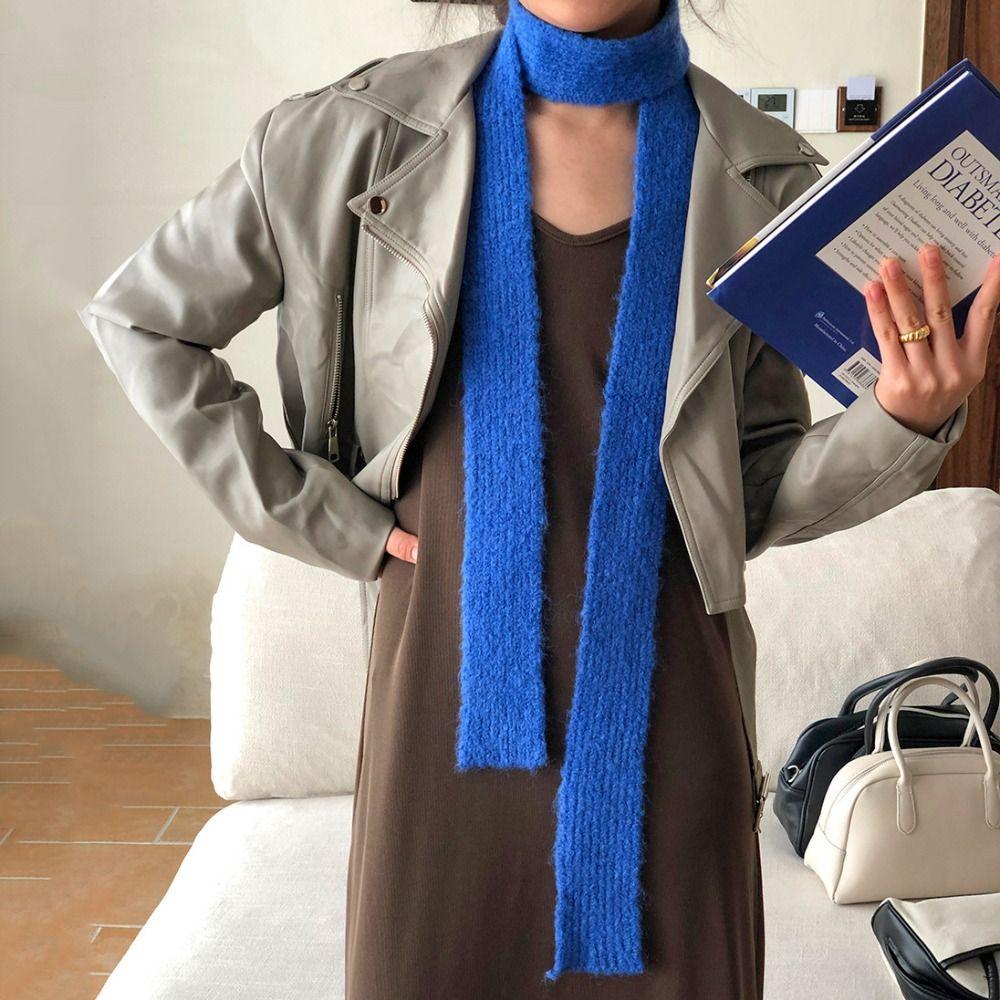 Y2K Knitted Scarf Solid Color Long Narrow Scarves Casual Wool Shawl Outdoor