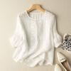 Flower Embroidered Women Tunic Blouse Summer Vintage Breathable Cotton Linen Loose T-Shirts Solid Color Versatile Clothes