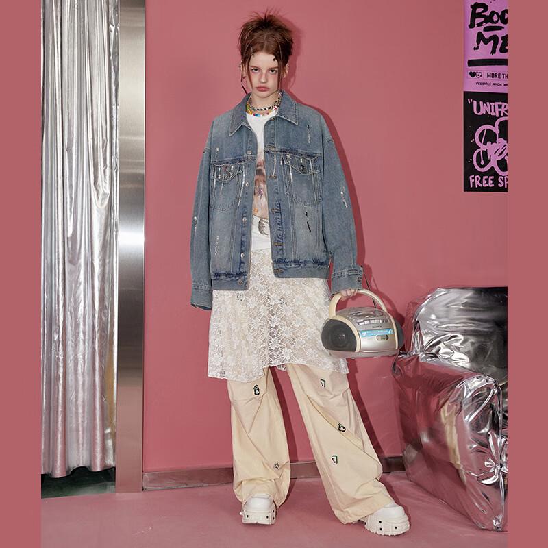 unifree Американская Ретро Джинсовая Куртка Свободного Кроя с Потертостями