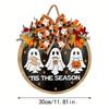 Unique Wood Fabric Crafted Halloween Ghost Wall Hanging Featuring Realistic Maple Leaves For Home Holiday Seasonal Decorations