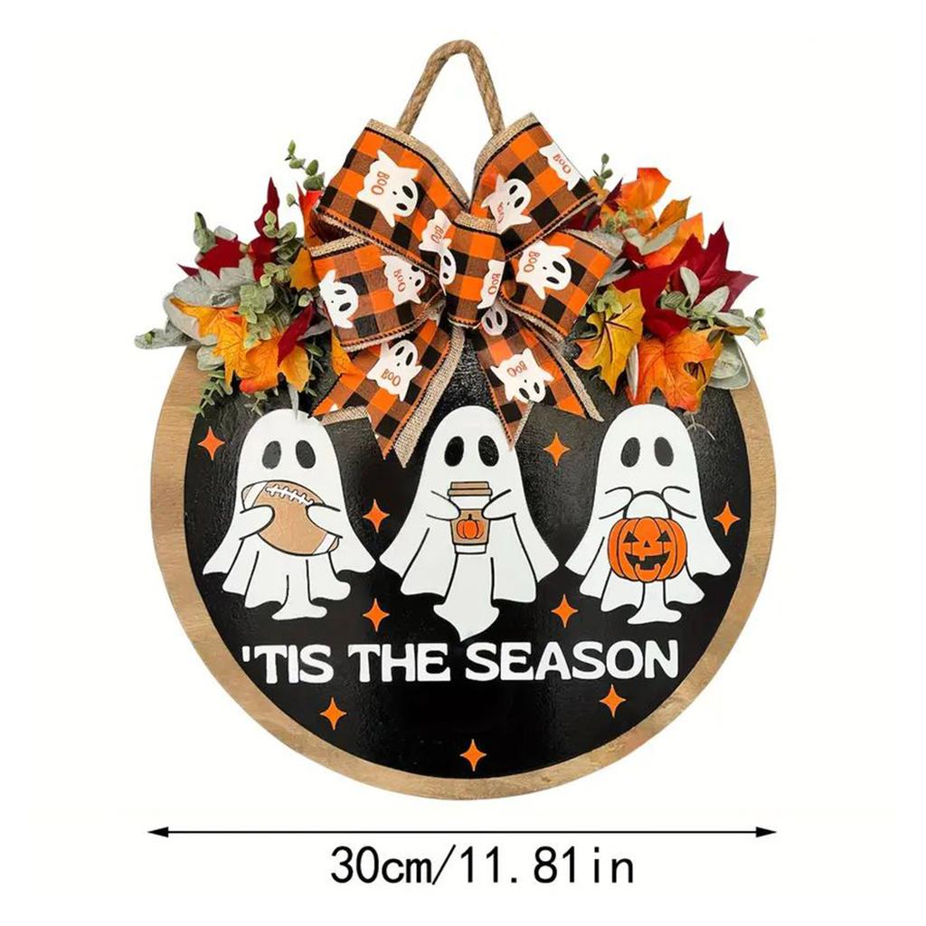 Unique Wood Fabric Crafted Halloween Ghost Wall Hanging Featuring Realistic Maple Leaves For Home Holiday Seasonal Decorations