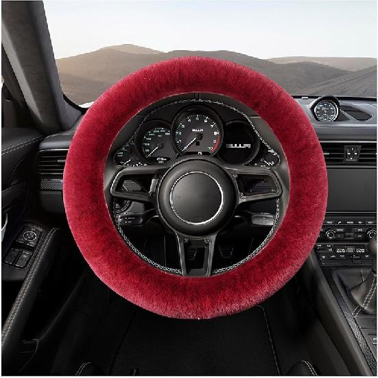 Fur Wool Sheepskin Car Steering Wheel Cover, 15 Inch Fluffy Anti-Slip Auto Steering Wheel Protector For Warm Winter, Universal Fuzzy Plush Vehicle