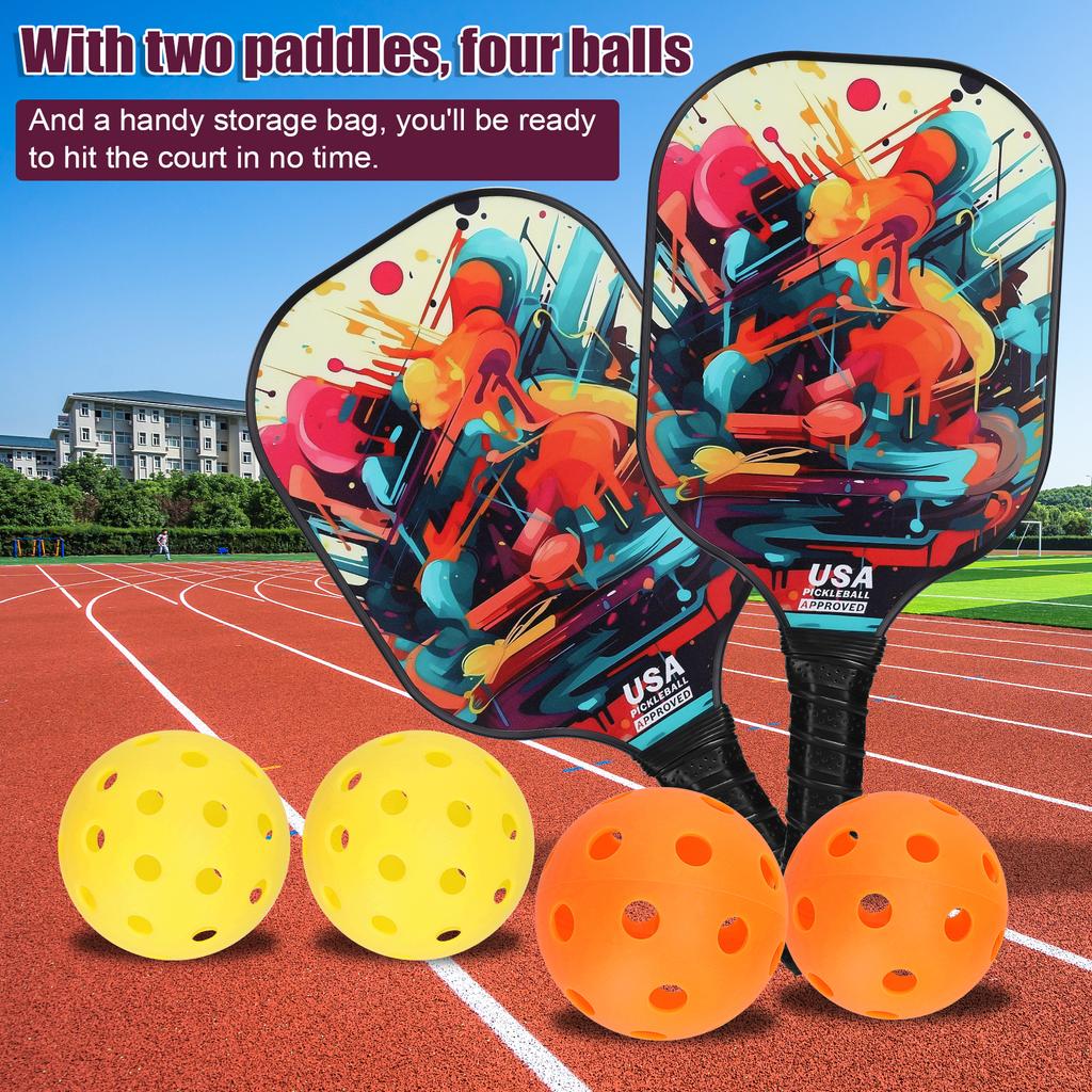 Fiberglas Pickleball Rackets Set Pickleball Paddle Set of 2 Rackets and 4 Pickleballs Balls