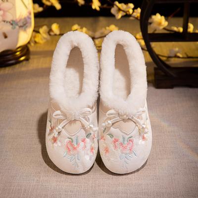 Женские зимние мокасины, тапочки, слипоны, вышитые туфли с подкладкой из искусственного меха, домашняя обувь для улицы и дома, теплая обувь на плоской подошве для прогулок для женщин
