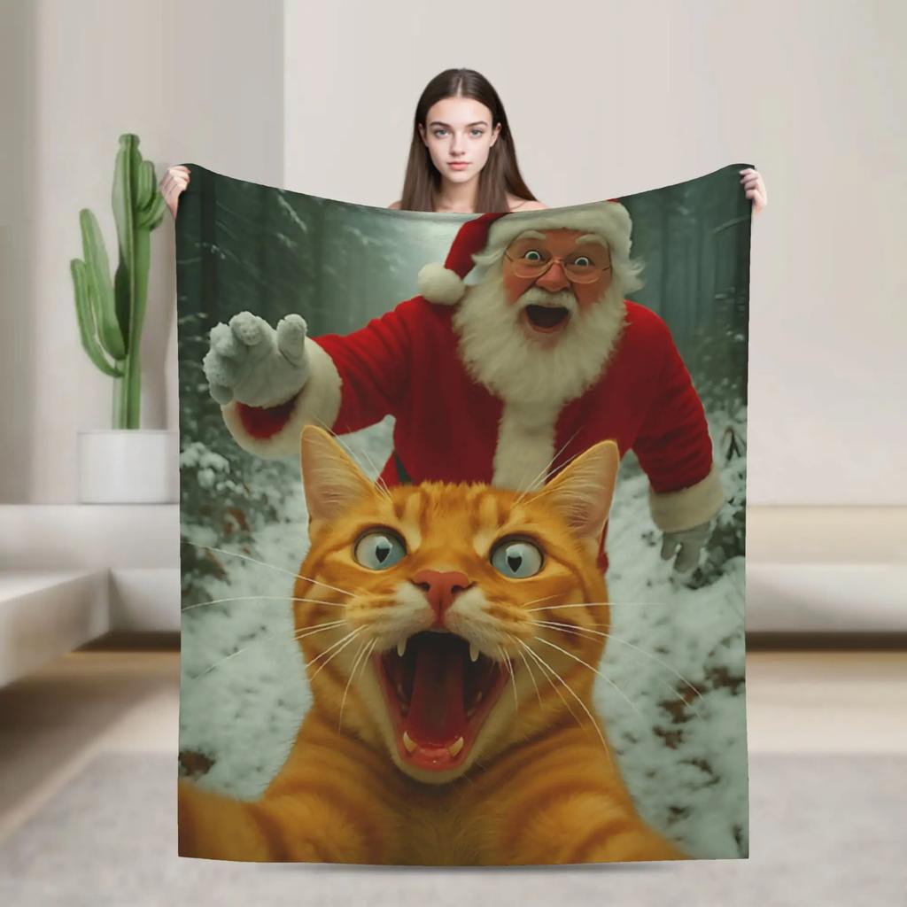 Funny Cat Selfie Santa Merry Christmas Blanket Soft Warm Throw for Winter Bedroom Students Holiday Home Decor